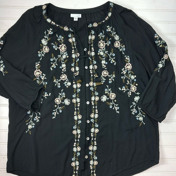 J. Jill black blouse with embroidered flowers L - Picture 1 of 7